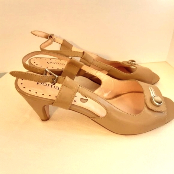 Portia Tan Patent Leather Sling Back Sandals Heels | 8 - Picture 2 of 12